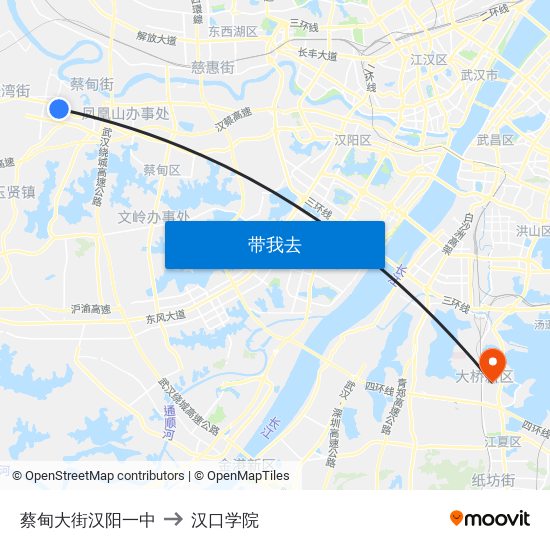 蔡甸大街汉阳一中 to 汉口学院 map