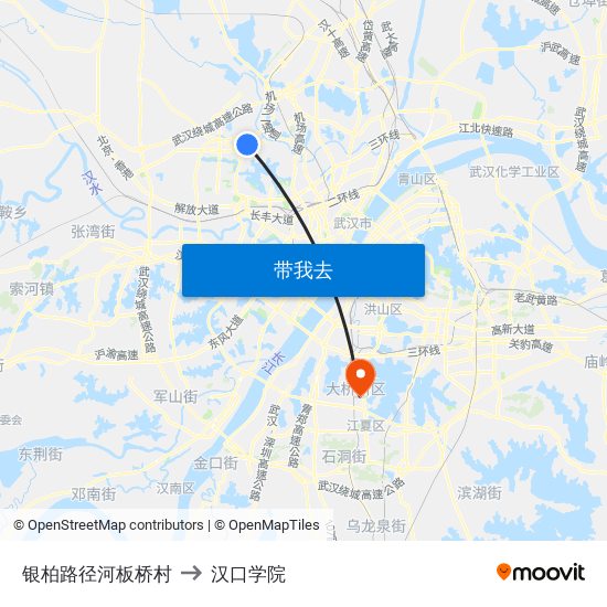 银柏路径河板桥村 to 汉口学院 map