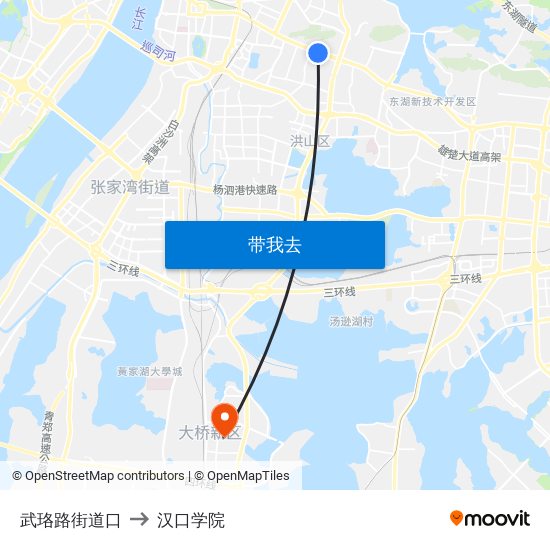 武珞路街道口 to 汉口学院 map