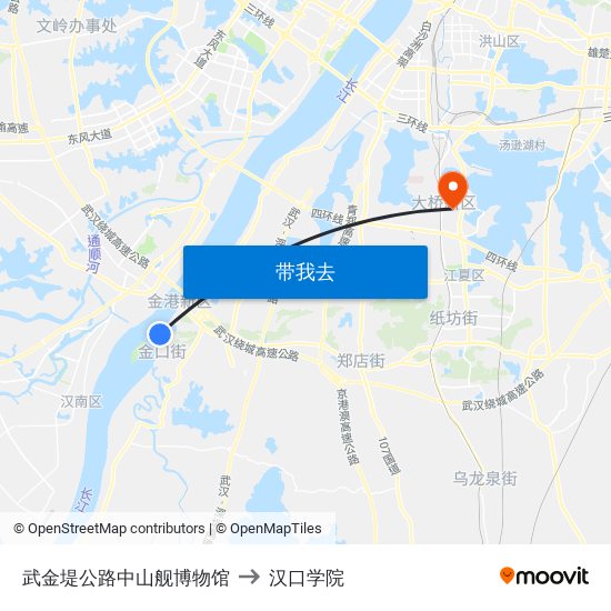 武金堤公路中山舰博物馆 to 汉口学院 map