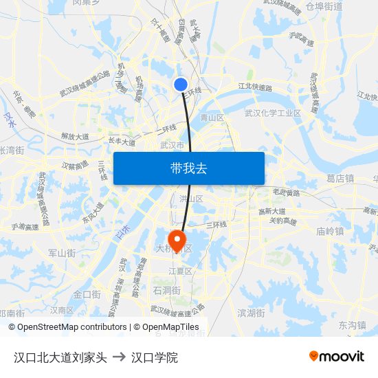 汉口北大道刘家头 to 汉口学院 map