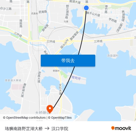 珞狮南路野芷湖大桥 to 汉口学院 map