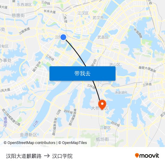 汉阳大道麒麟路 to 汉口学院 map