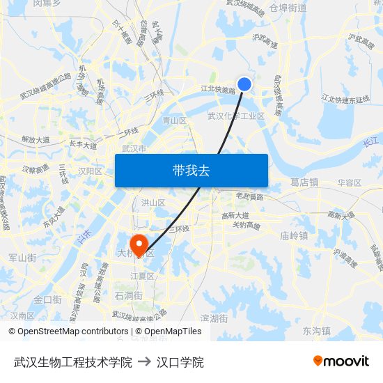 武汉生物工程技术学院 to 汉口学院 map