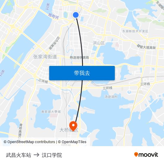 武昌火车站 to 汉口学院 map