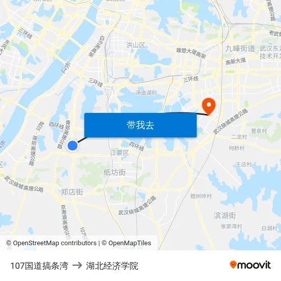 107国道搞条湾 to 湖北经济学院 map