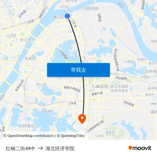 红钢二街49中 to 湖北经济学院 map