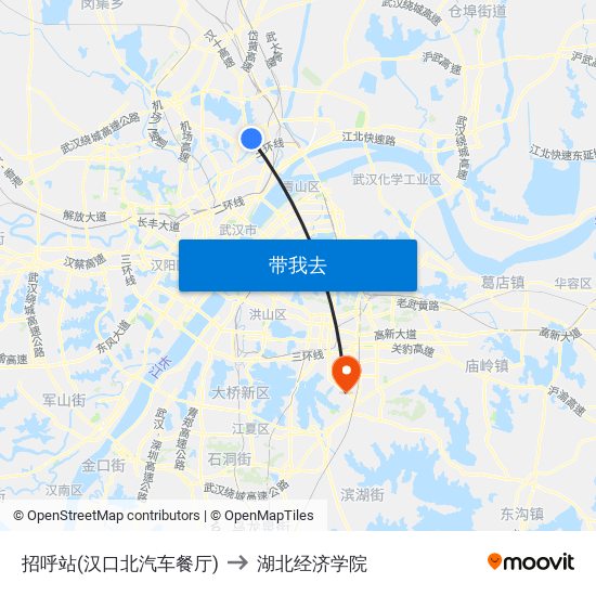 招呼站(汉口北汽车餐厅) to 湖北经济学院 map