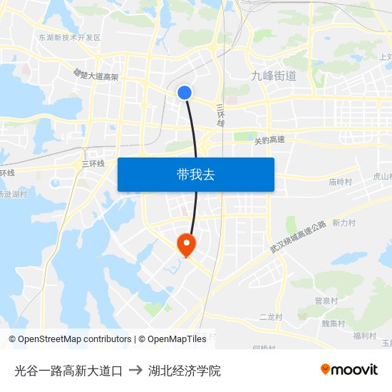 光谷一路高新大道口 to 湖北经济学院 map