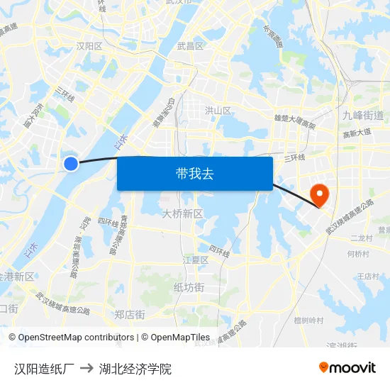 汉阳造纸厂 to 湖北经济学院 map