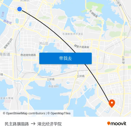 民主路胭脂路 to 湖北经济学院 map