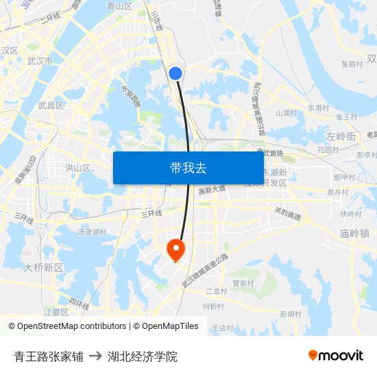 青王路张家铺 to 湖北经济学院 map