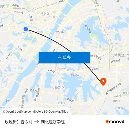 玫瑰街知音东村 to 湖北经济学院 map