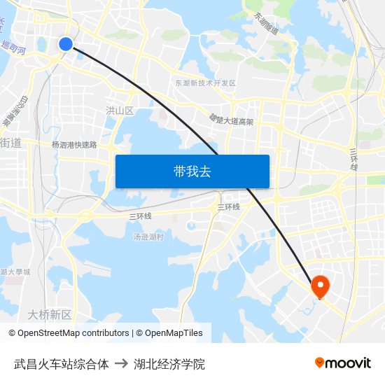 武昌火车站综合体 to 湖北经济学院 map