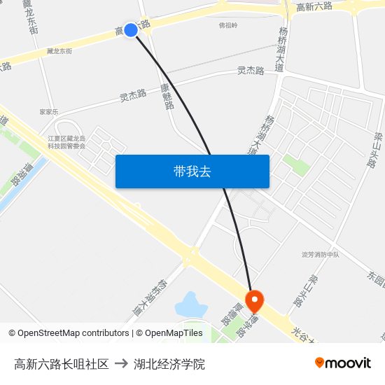 高新六路长咀社区 to 湖北经济学院 map
