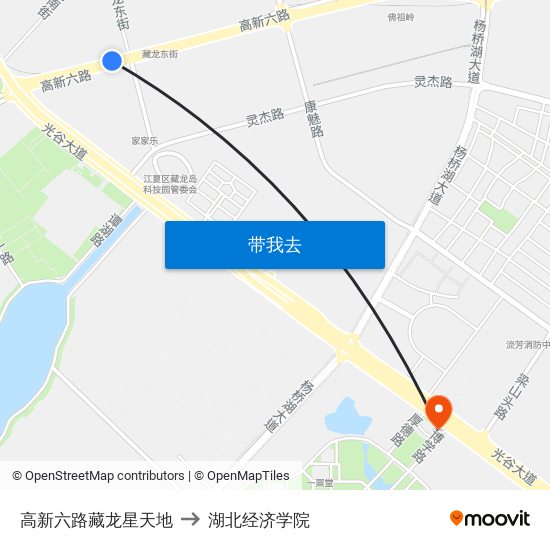 高新六路藏龙星天地 to 湖北经济学院 map