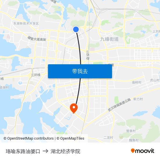 珞喻东路油篓口 to 湖北经济学院 map