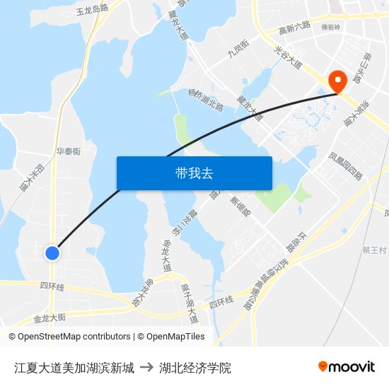 江夏大道美加湖滨新城 to 湖北经济学院 map