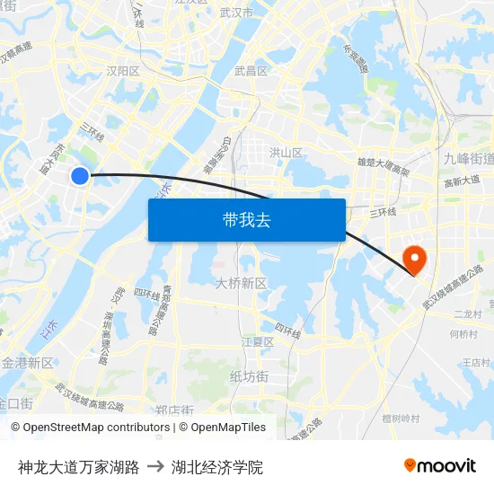 神龙大道万家湖路 to 湖北经济学院 map