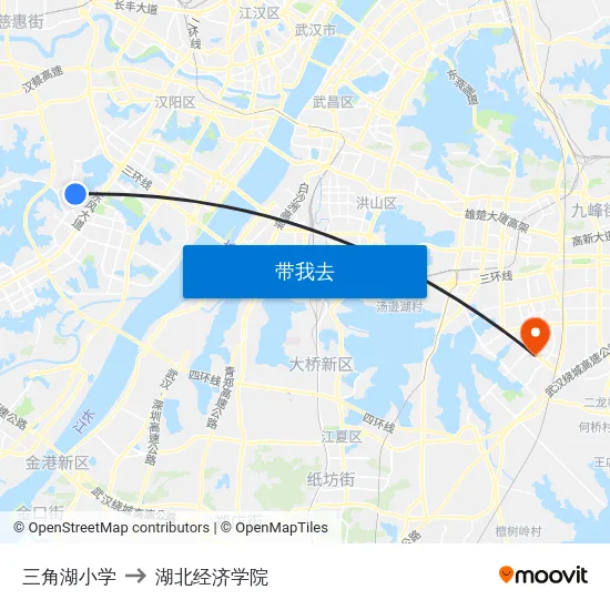 三角湖小学 to 湖北经济学院 map