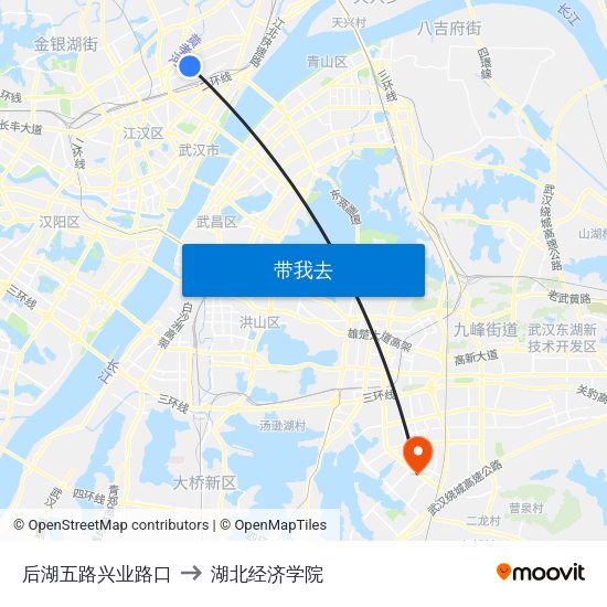 后湖五路兴业路口 to 湖北经济学院 map