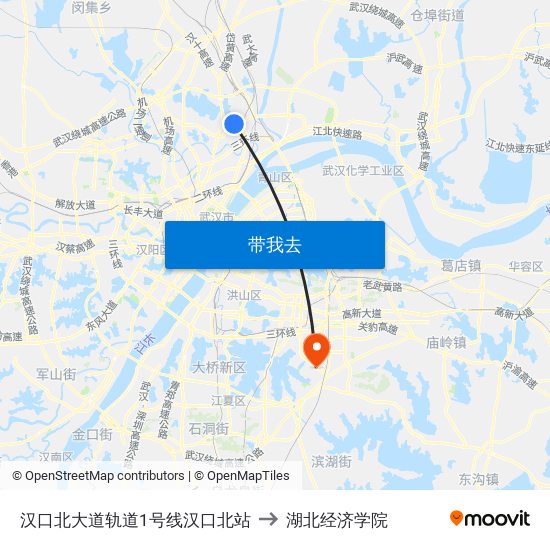 汉口北大道轨道1号线汉口北站 to 湖北经济学院 map