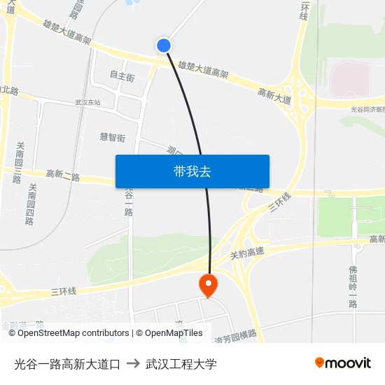 光谷一路高新大道口 to 武汉工程大学 map