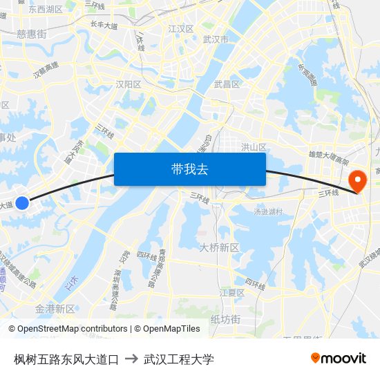 枫树五路东风大道口 to 武汉工程大学 map
