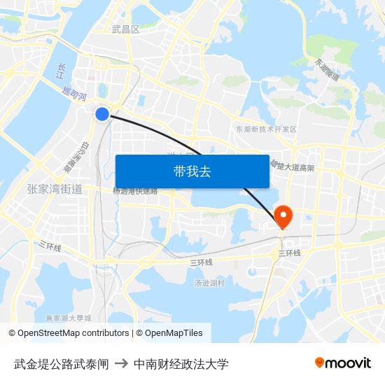 武金堤公路武泰闸 to 中南财经政法大学 map