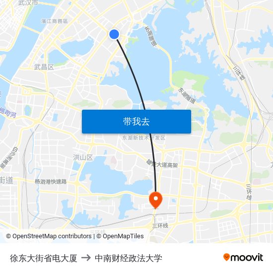 徐东大街省电大厦 to 中南财经政法大学 map