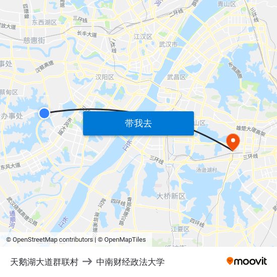 天鹅湖大道群联村 to 中南财经政法大学 map