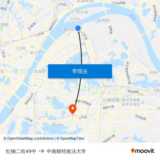 红钢二街49中 to 中南财经政法大学 map