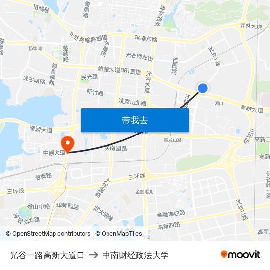 光谷一路高新大道口 to 中南财经政法大学 map