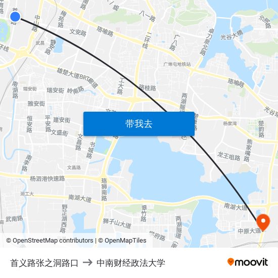 首义路张之洞路口 to 中南财经政法大学 map