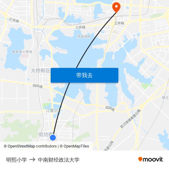 明熙小学 to 中南财经政法大学 map