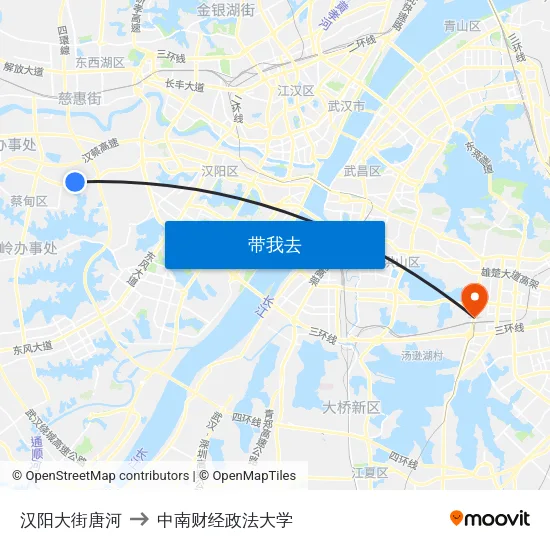 汉阳大街唐河 to 中南财经政法大学 map