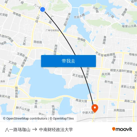 八一路珞珈山 to 中南财经政法大学 map