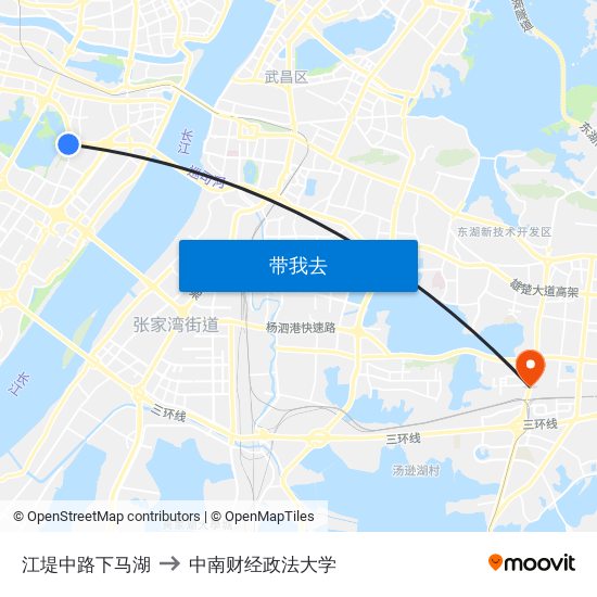 江堤中路下马湖 to 中南财经政法大学 map