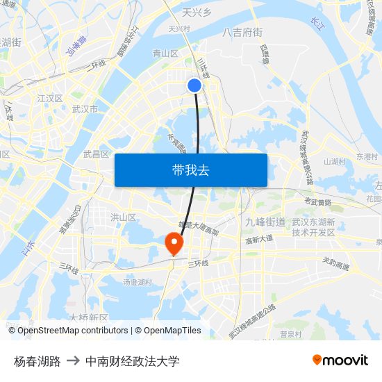 杨春湖路 to 中南财经政法大学 map