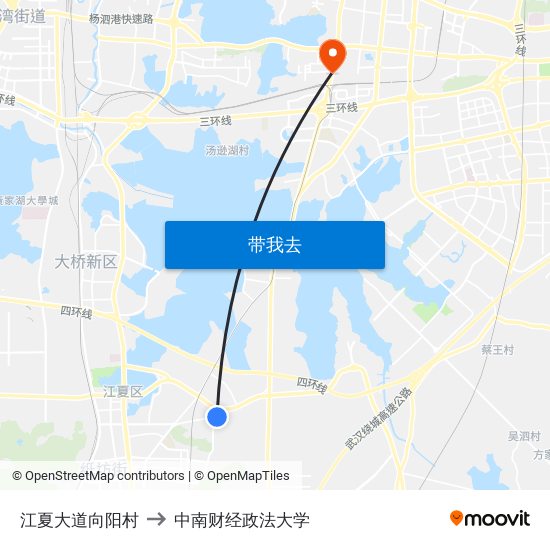 江夏大道向阳村 to 中南财经政法大学 map