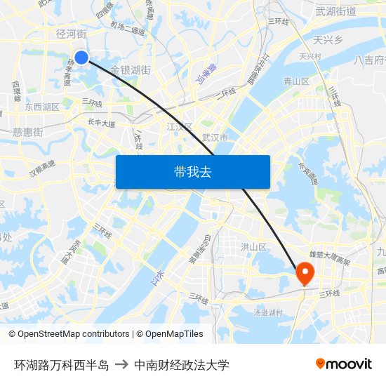 环湖路万科西半岛 to 中南财经政法大学 map