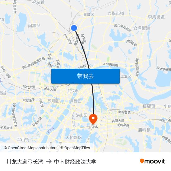 川龙大道弓长湾 to 中南财经政法大学 map