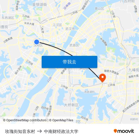 玫瑰街知音东村 to 中南财经政法大学 map