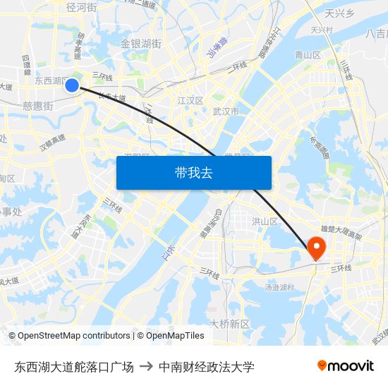 东西湖大道舵落口广场 to 中南财经政法大学 map