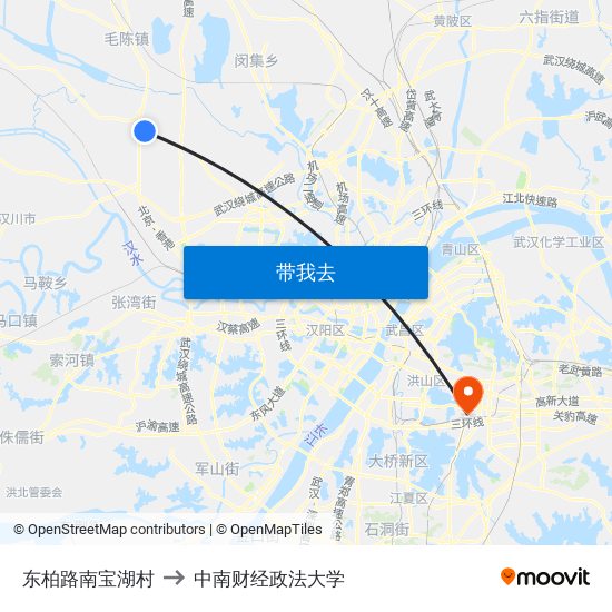 东柏路南宝湖村 to 中南财经政法大学 map