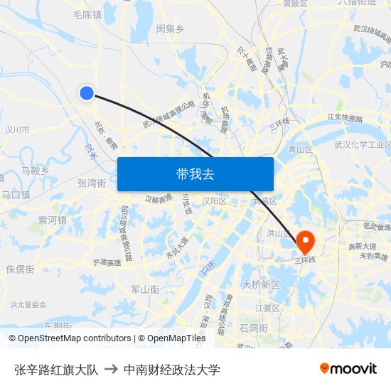张辛路红旗大队 to 中南财经政法大学 map