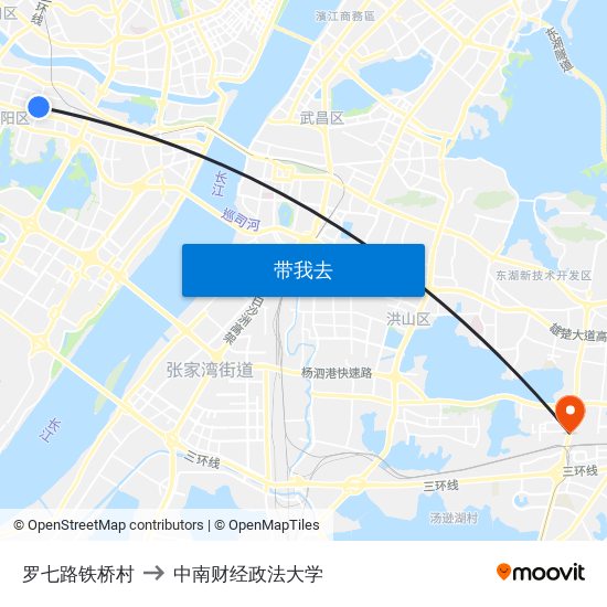 罗七路铁桥村 to 中南财经政法大学 map