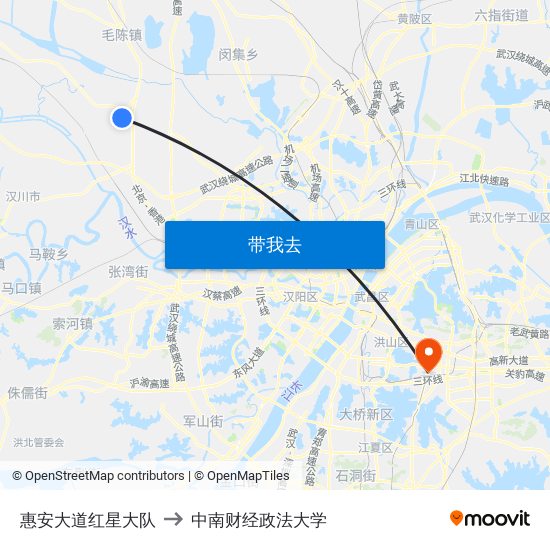 惠安大道红星大队 to 中南财经政法大学 map