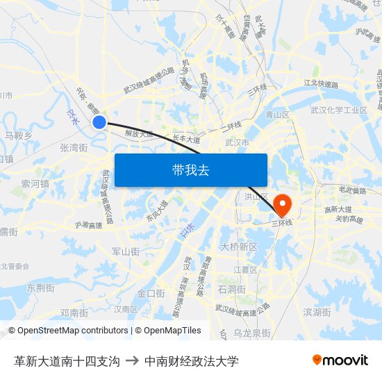 革新大道南十四支沟 to 中南财经政法大学 map