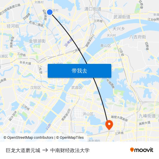 巨龙大道磨元城 to 中南财经政法大学 map